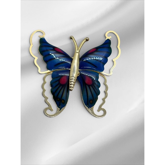 Jewelry - Vintage Gold Tone Blue Enamel Butterfly Brooch Pin Whimsical Nature Jewelry